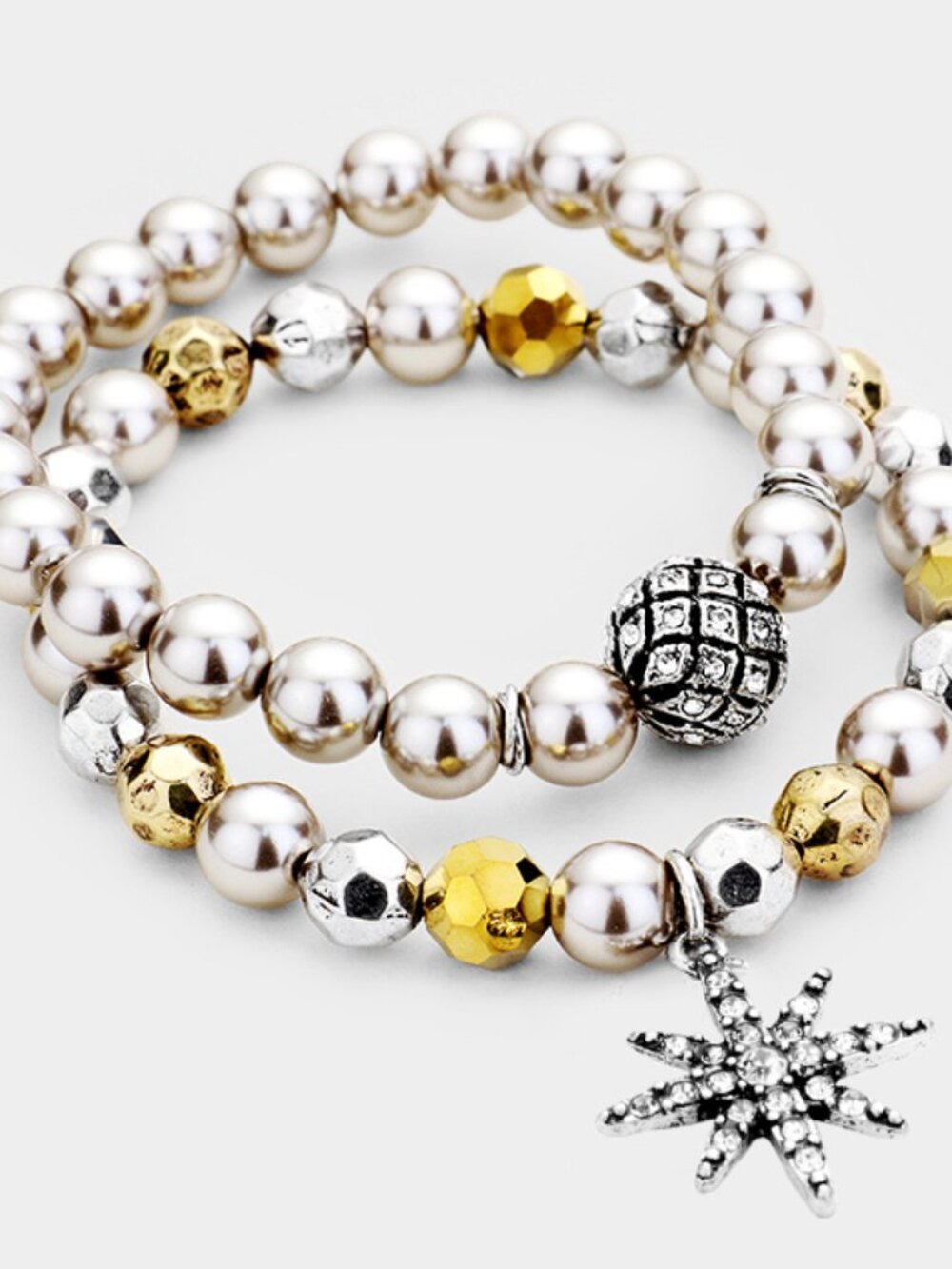 2-Piece Pave North Star Charm Silver and Gold Ball Bead Stretch Bracelet Set